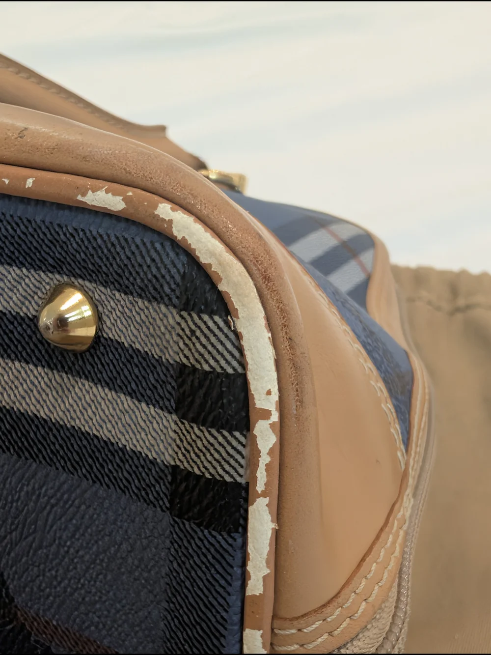 Vintage Burberrys Of London Blue Nova Check Bowling Satchel with Tan Leather